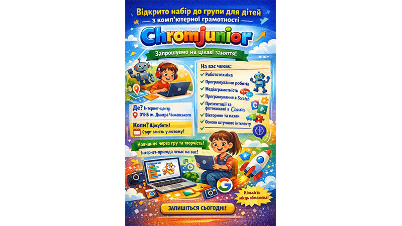 Ви зараз переглядаєте Відкрито набір до групи для дітей з комп’ютерної грамотності «Chromjunior»
